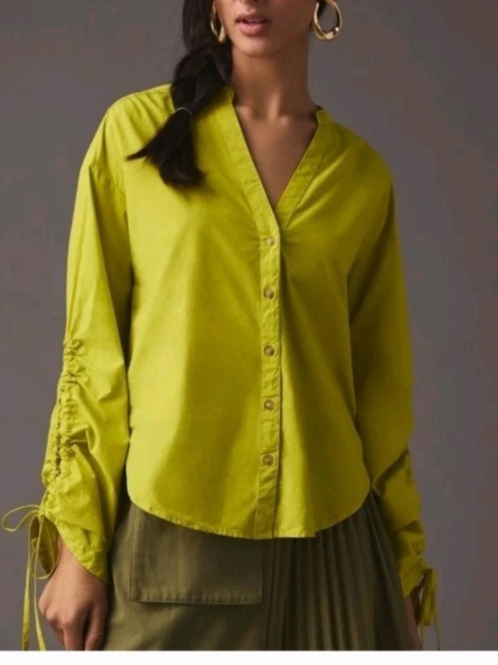 Anthropologie Pilcro Chartreuse Green Poplin Drawstring Sleeve Blouse